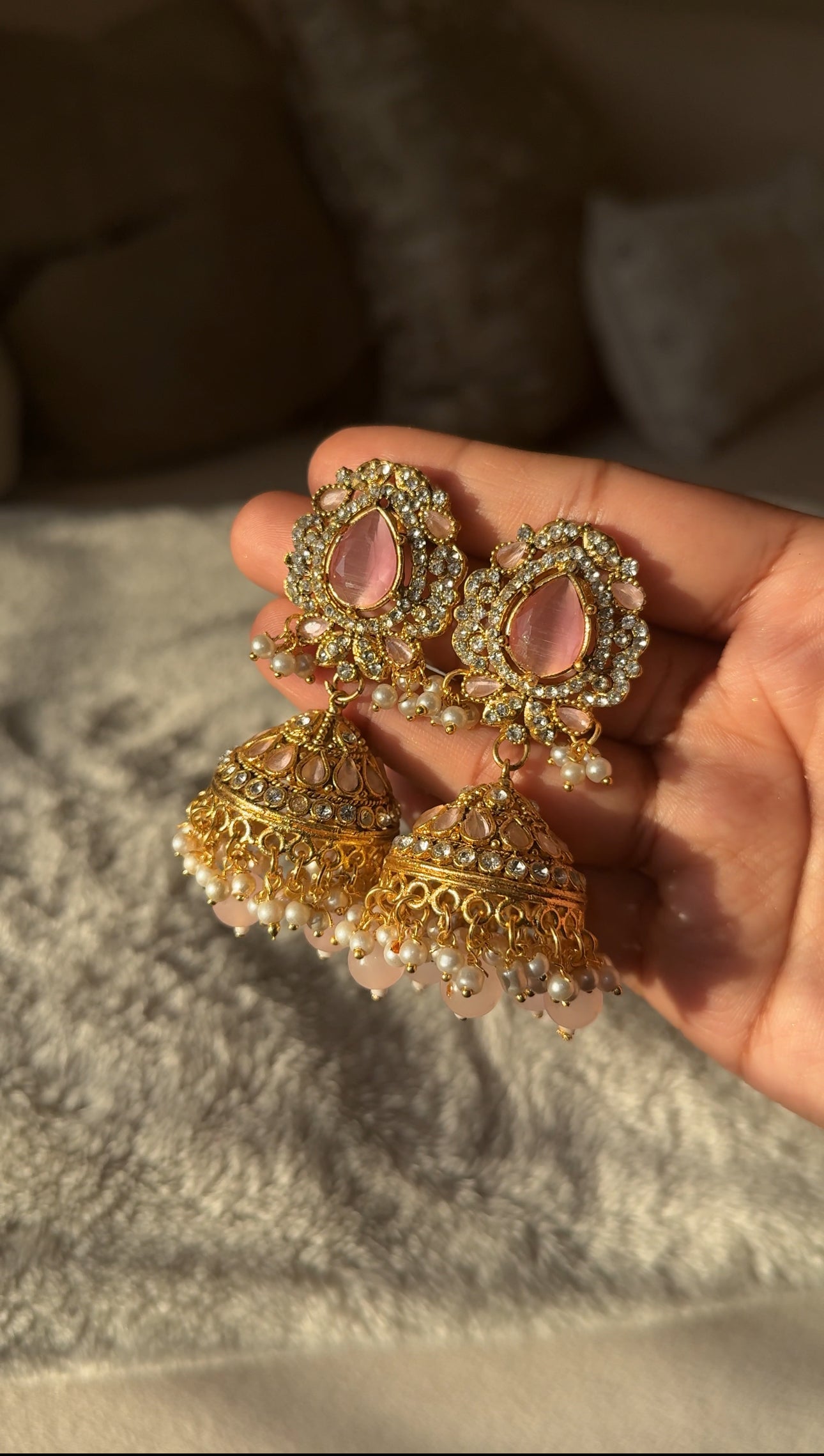 Pink Crystal Jhumka