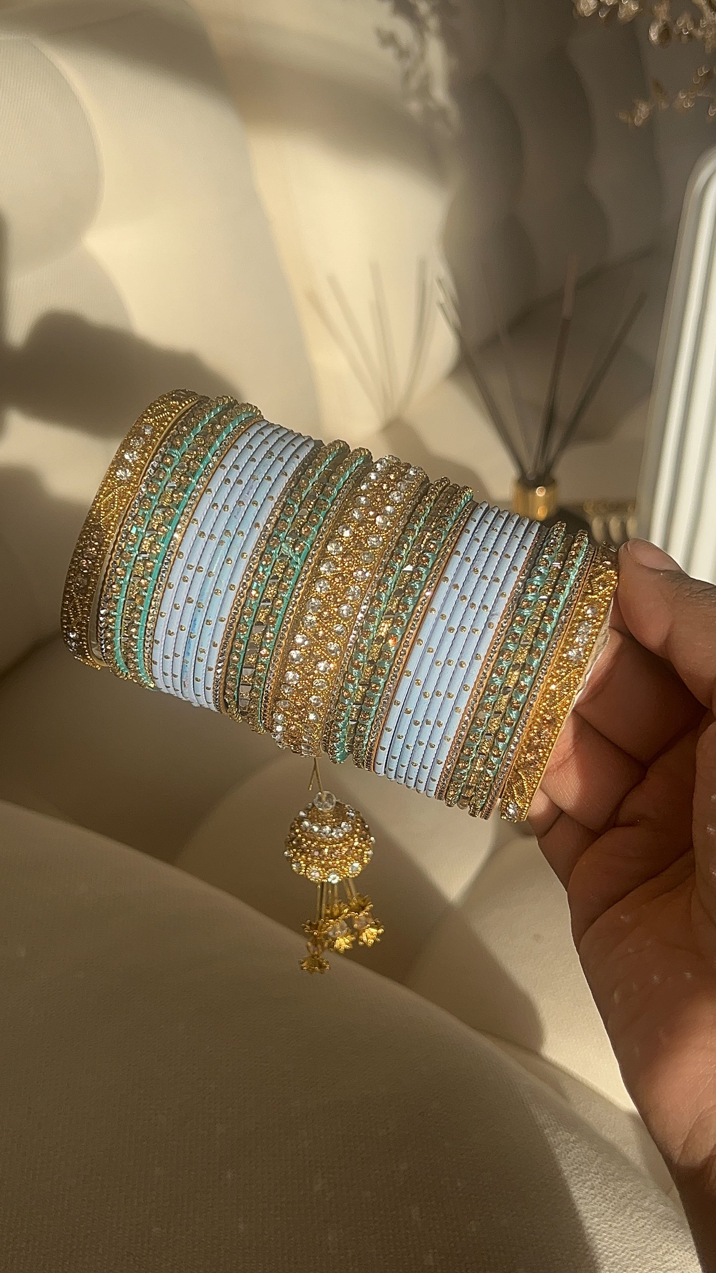 Mint and White Bangle Set with Jhumka