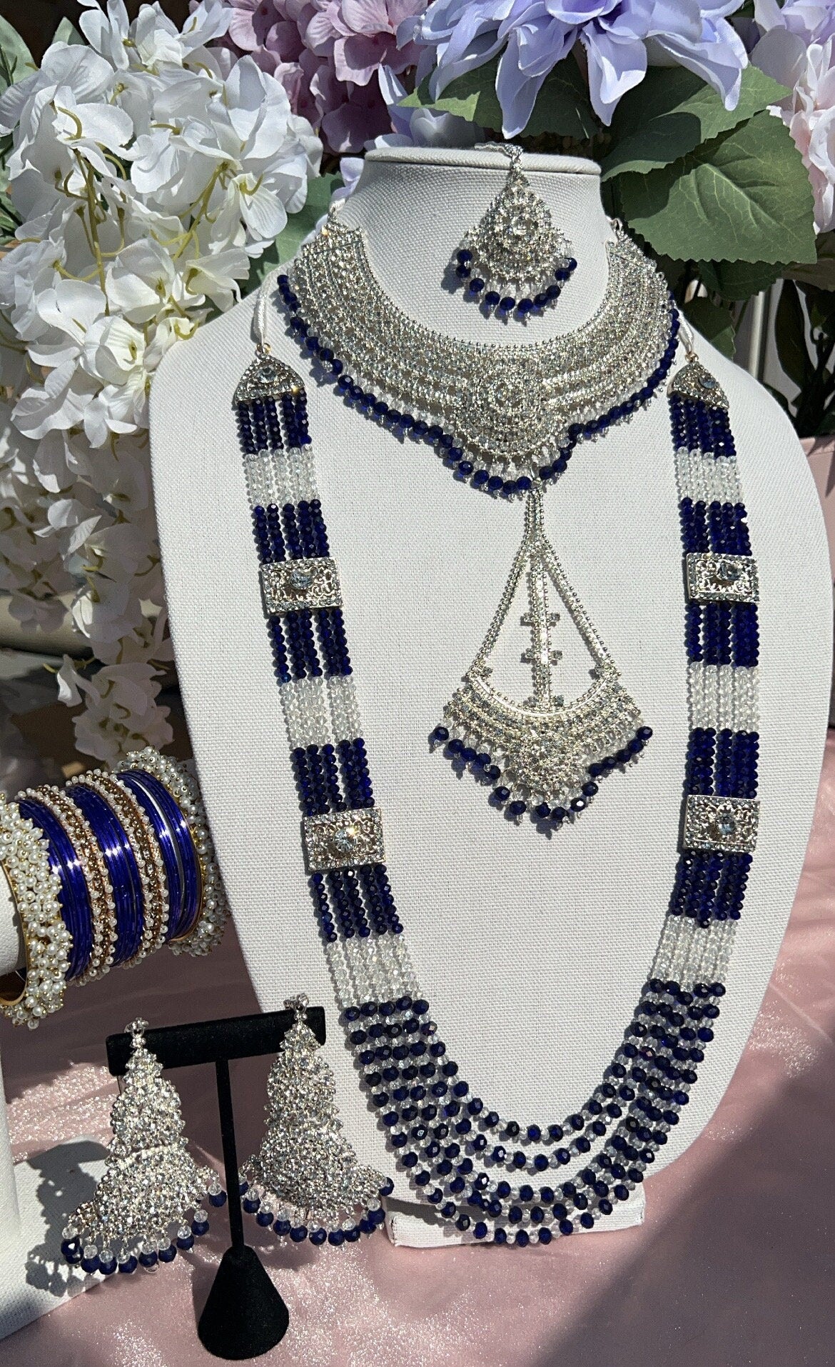 White/Silver and Navy Blue Bridal Set