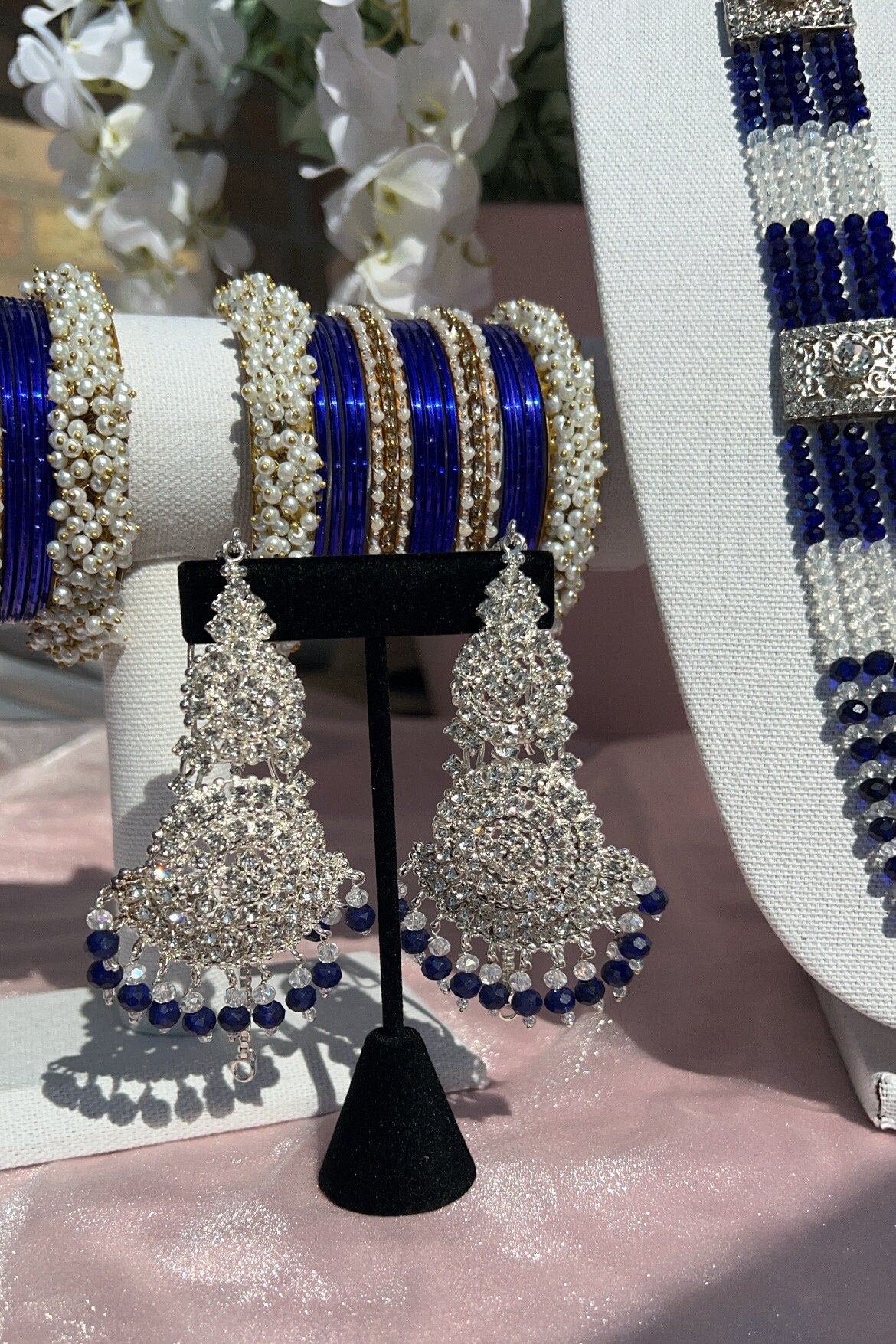 White/Silver and Navy Blue Bridal Set